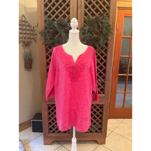 Tommy Bahama Linen Boho Tropical Beach XL Pink embroidered tunic top